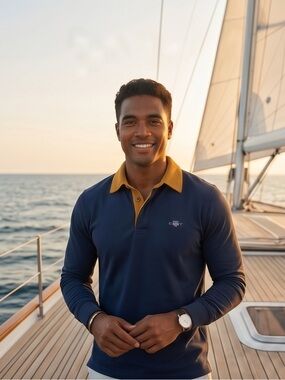 Gant Navy Polo with Mustard Corduroy Collar